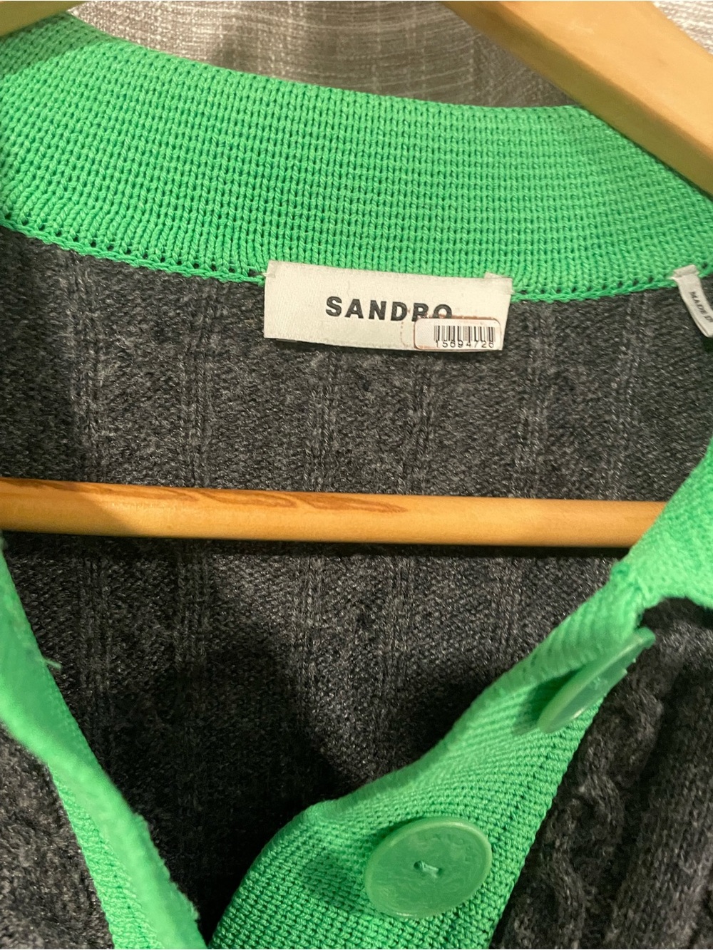 Sandro Gray Cable-Knit Sweater with Bright Green Polo Collar - Picture 3 of 8